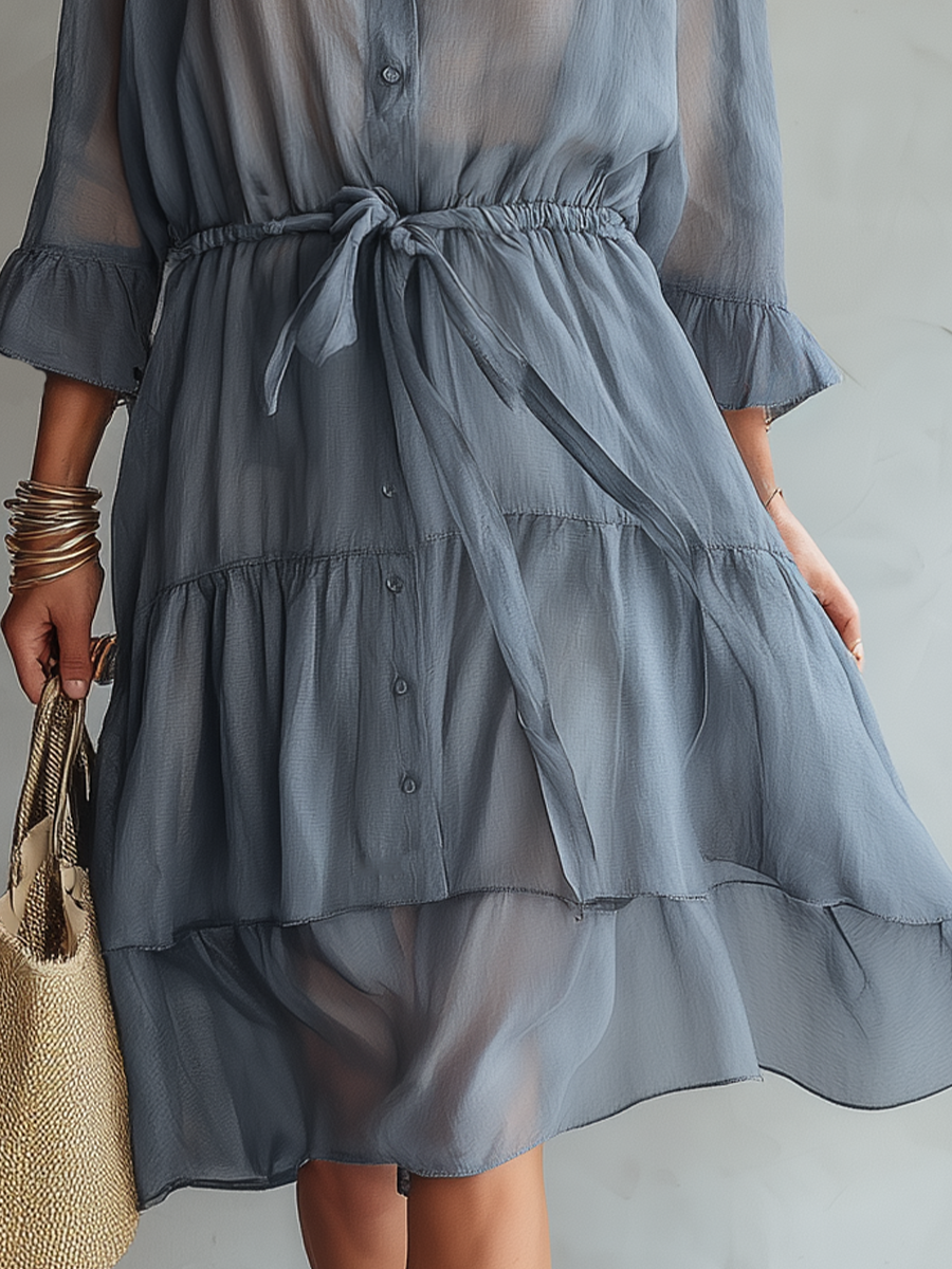 Sheer Layered Tie-Waist Midi Dress