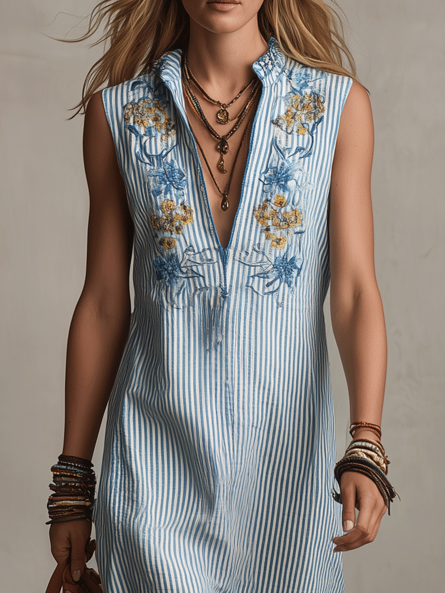 Chic Boho Striped Embroidered Sleeveless Midi Dress