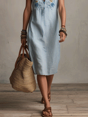 Chic Boho Striped Embroidered Sleeveless Midi Dress