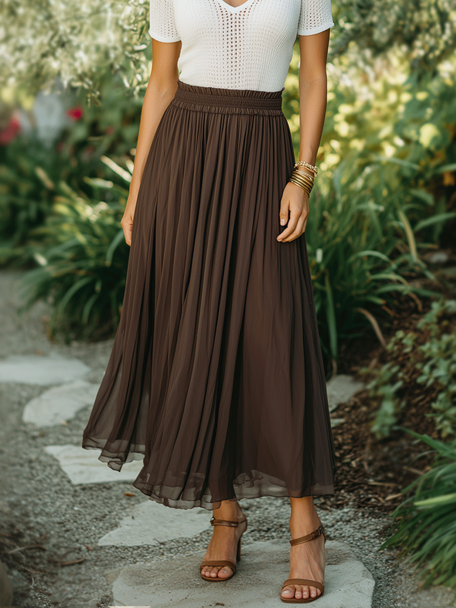 Elegant Brown & Ivory Knit Top & Pleated Maxi Skirt Set