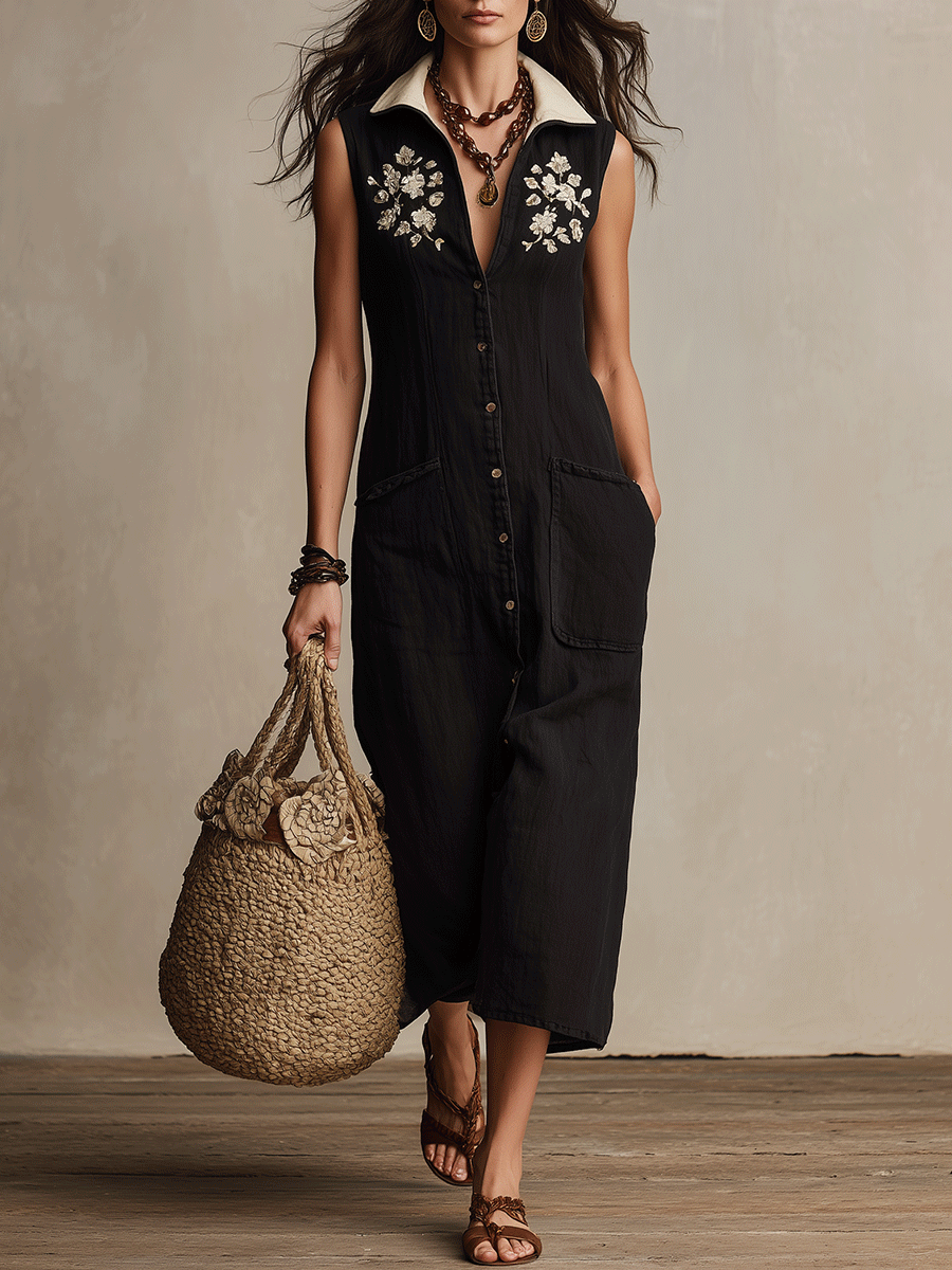 Effortless Boho Black Embroidered Button-Front Midi Dress
