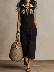 Effortless Boho Black Embroidered Button-Front Midi Dress
