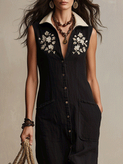 Effortless Boho Black Embroidered Button-Front Midi Dress