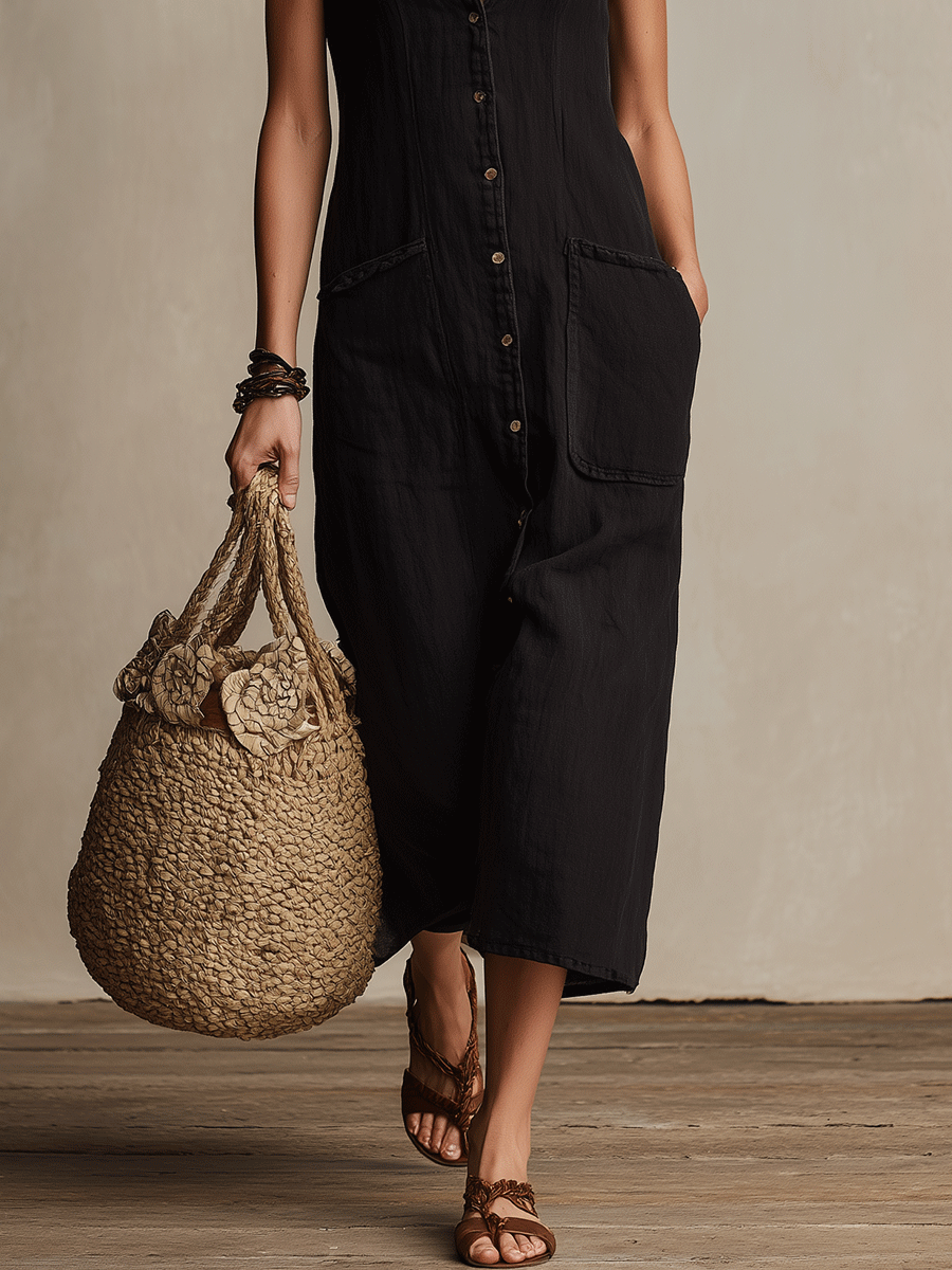 Effortless Boho Black Embroidered Button-Front Midi Dress