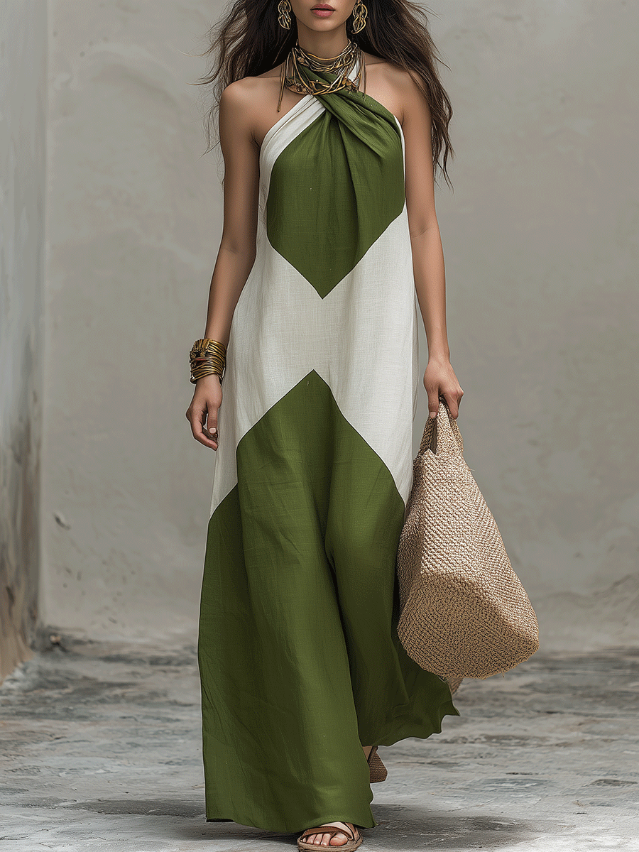 Effortless Olive Green Boho Colorblock Halter Maxi Dress
