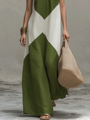 Effortless Olive Green Boho Colorblock Halter Maxi Dress