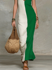 Chic Boho Green And White Halter Slim Silhouette Maxi Dress