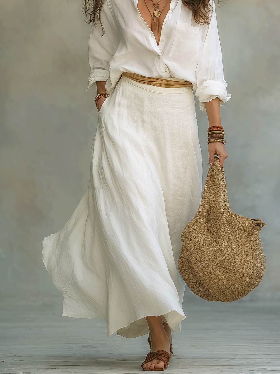 Effortless Boho White Linen Shirt & Maxi Skirt Set