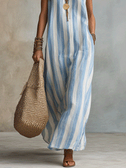Effortless Boho Sky Blue Striped Sleeveless Wide-Leg Maxi Dress