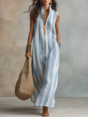 Effortless Boho Sky Blue Striped Sleeveless Wide-Leg Maxi Dress