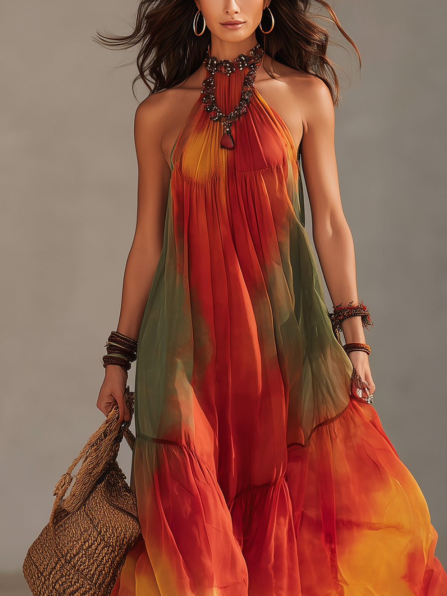 Sunset Red Gradient Halter Neck Dress