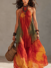Sunset Red Gradient Halter Neck Dress
