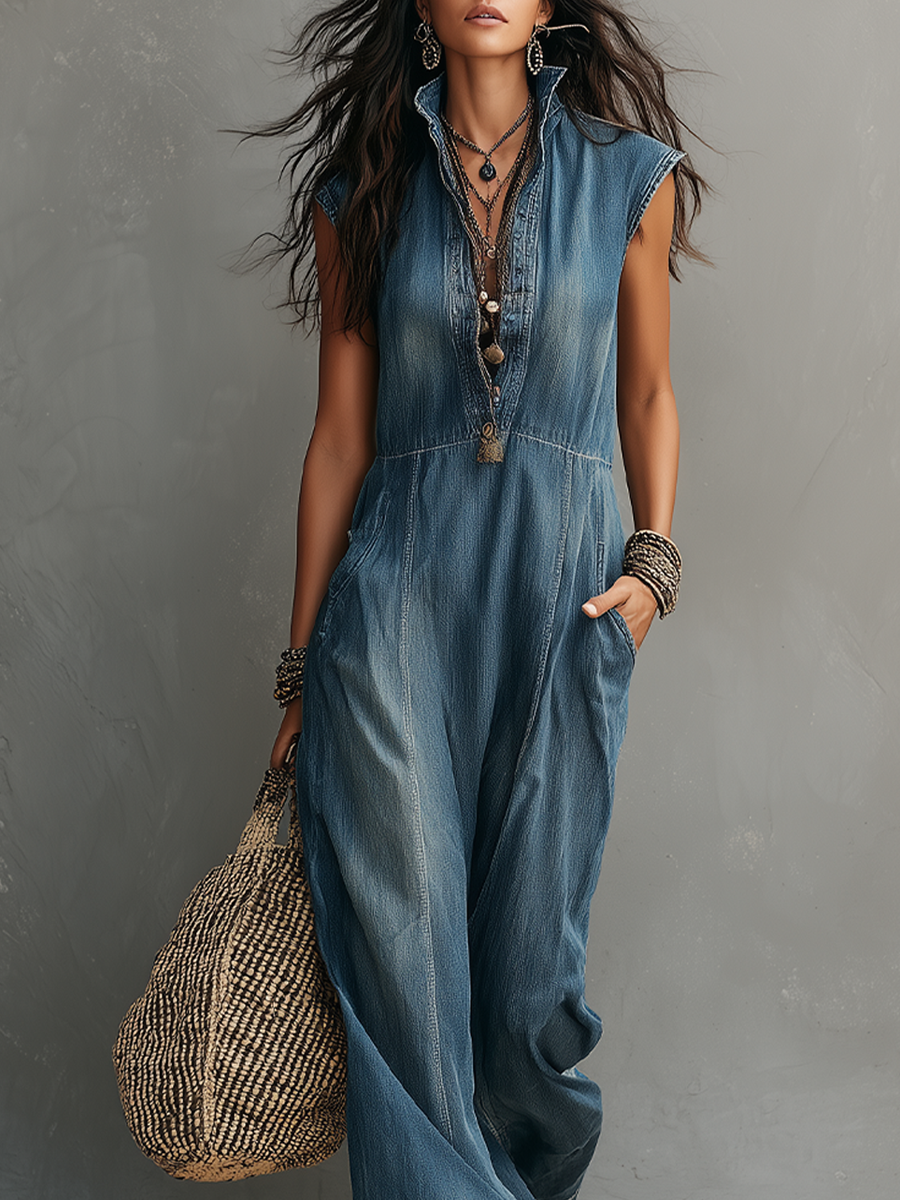 Bohemian Blue Denim Jumpsuit