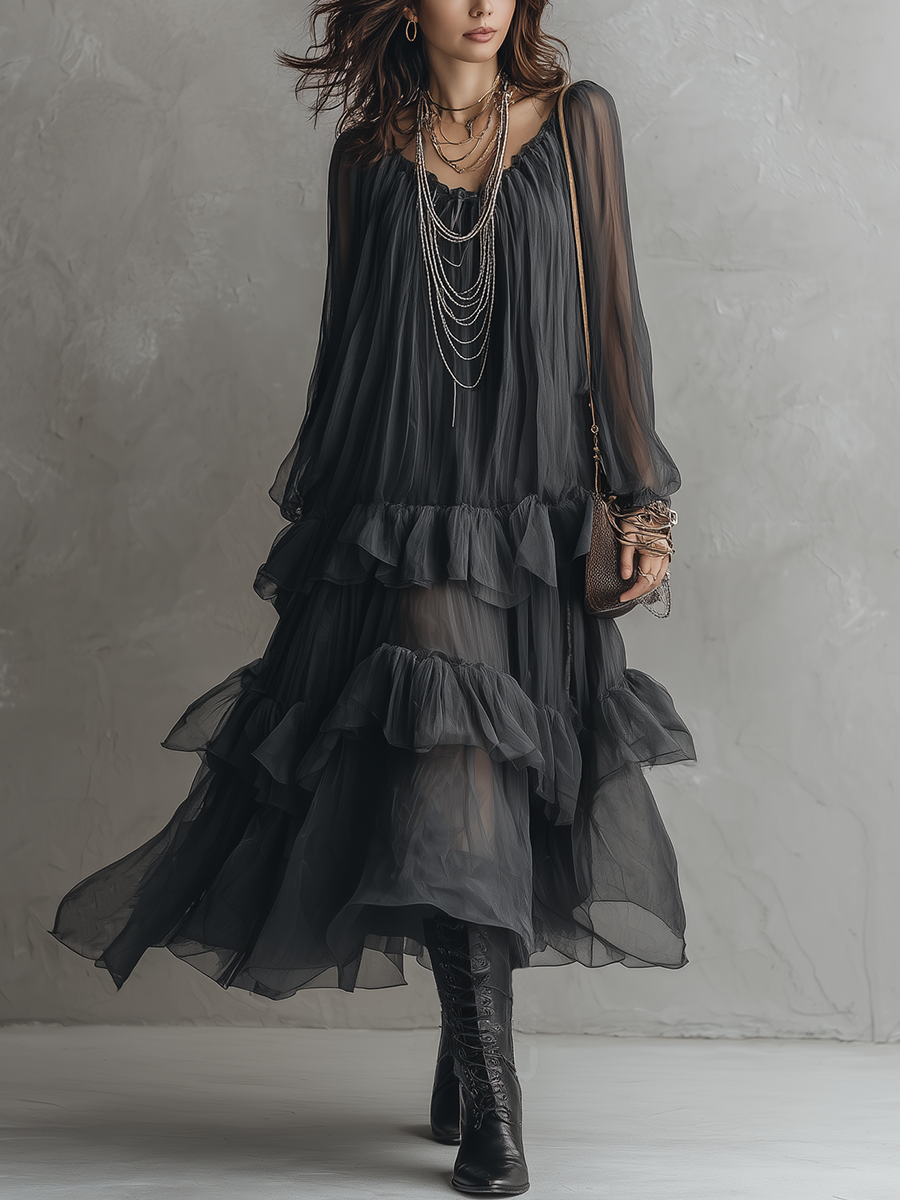 Sheer Layered Ruffle Midi Dress