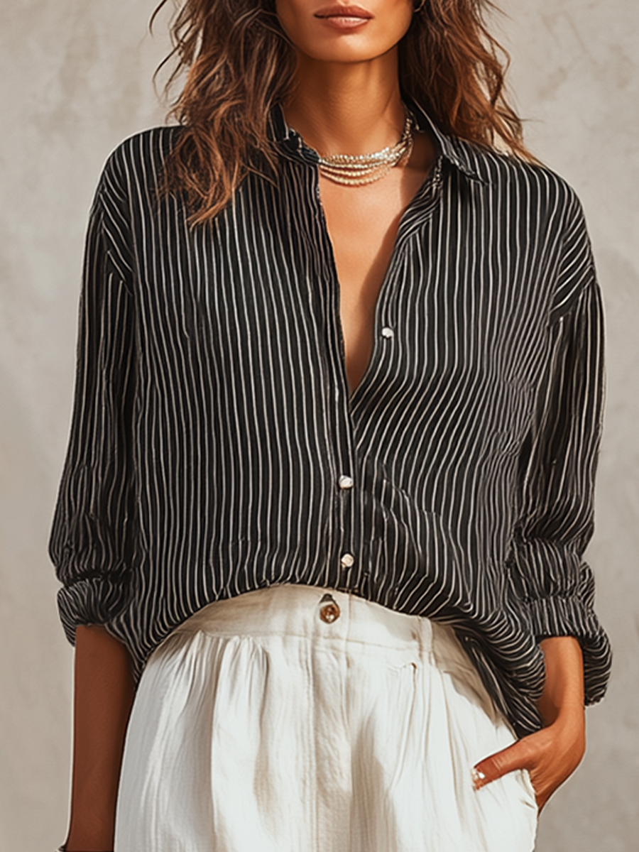 Relaxed Black Stripe Button-Up Shirt & Ivory Wide-Leg Pants Set