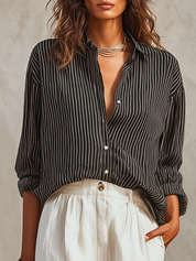 Relaxed Black Stripe Button-Up Shirt & Ivory Wide-Leg Pants Set