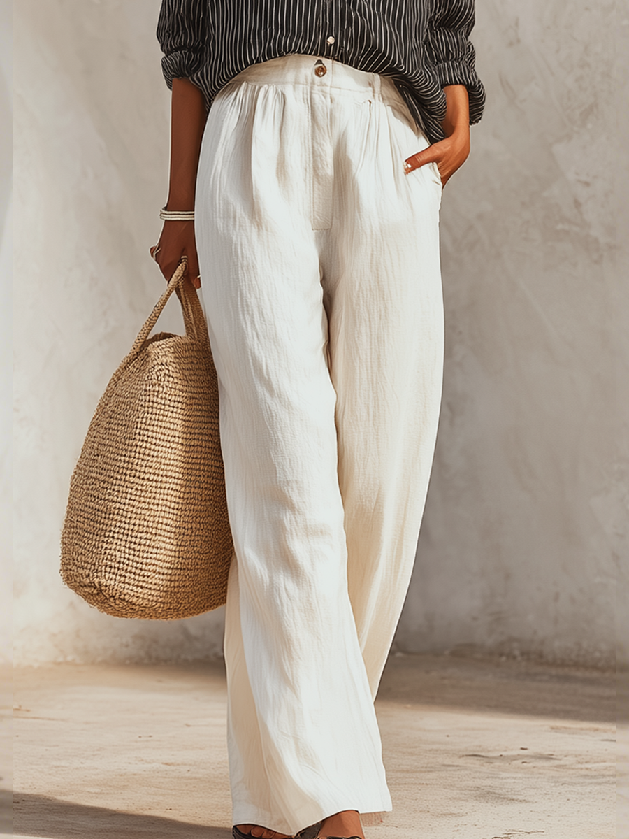 Relaxed Black Stripe Button-Up Shirt & Ivory Wide-Leg Pants Set