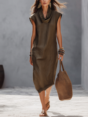 Olive Green Turtleneck Sleeveless Linen Midi Dress