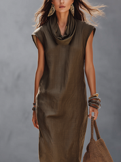 Olive Green Turtleneck Sleeveless Linen Midi Dress
