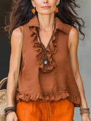 Caramel-colored Sleeveless Shirt With Ruffled Trim