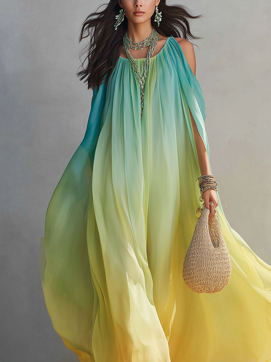 Fresh Gradient Halter Neck Chiffon Maxi Dress