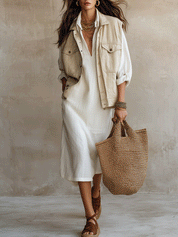 Effortless Boho Ivory Beige Layered Shirt Midi Dress