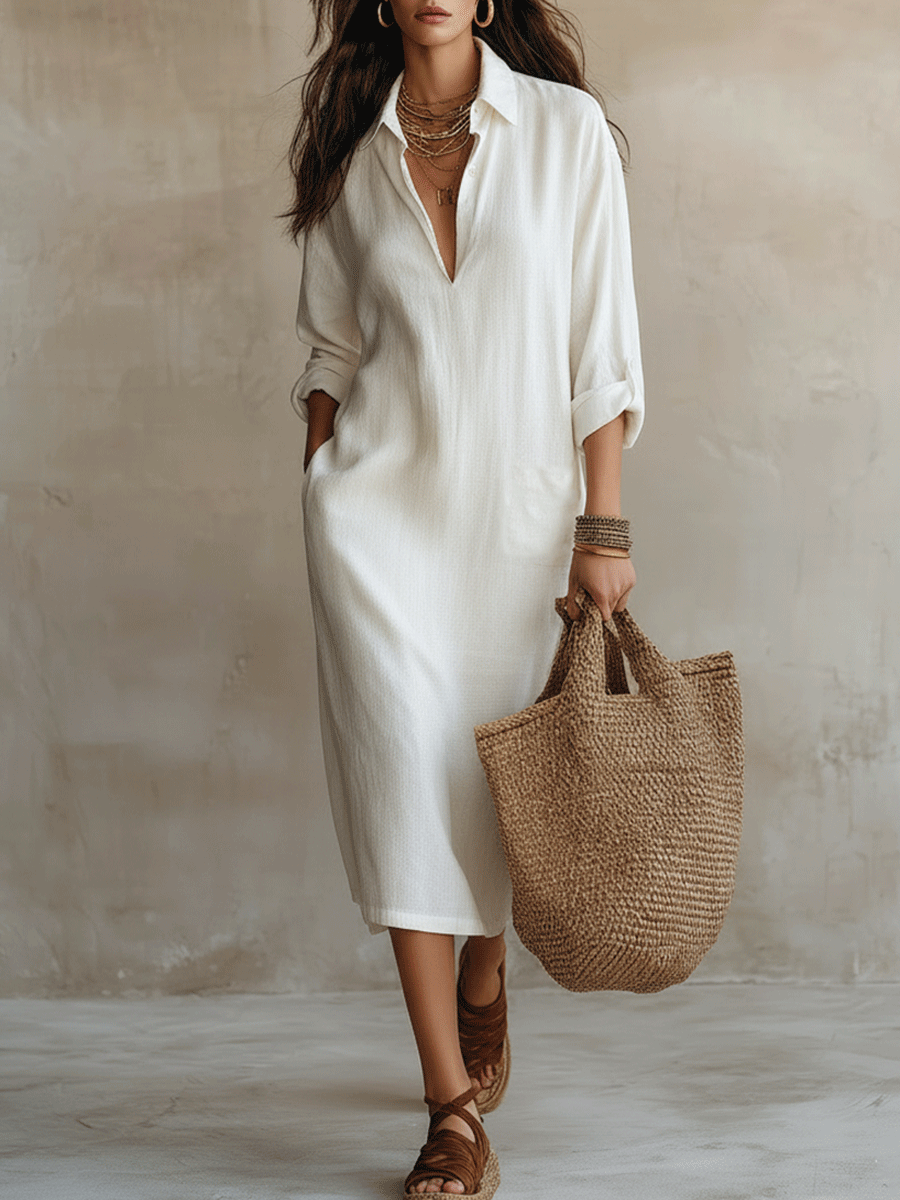 Effortless Boho Ivory Beige Layered Shirt Midi Dress