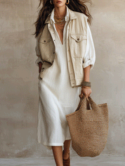 Effortless Boho Ivory Beige Layered Shirt Midi Dress