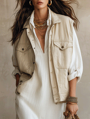 Effortless Boho Ivory Beige Layered Shirt Midi Dress