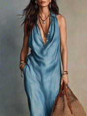 Effortless Boho Washed Blue Halter Midi Dress