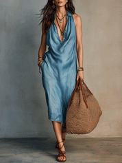 Effortless Boho Washed Blue Halter Midi Dress
