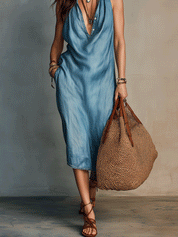 Effortless Boho Washed Blue Halter Midi Dress