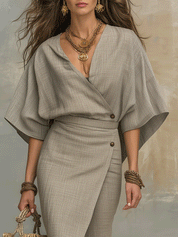 Effortless Boho Neutral Linen Blend Wrap Midi Dress