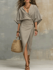 Effortless Boho Neutral Linen Blend Wrap Midi Dress