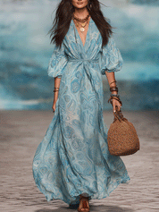 Effortless Boho Printed Wrap Sky Blue Maxi Dress