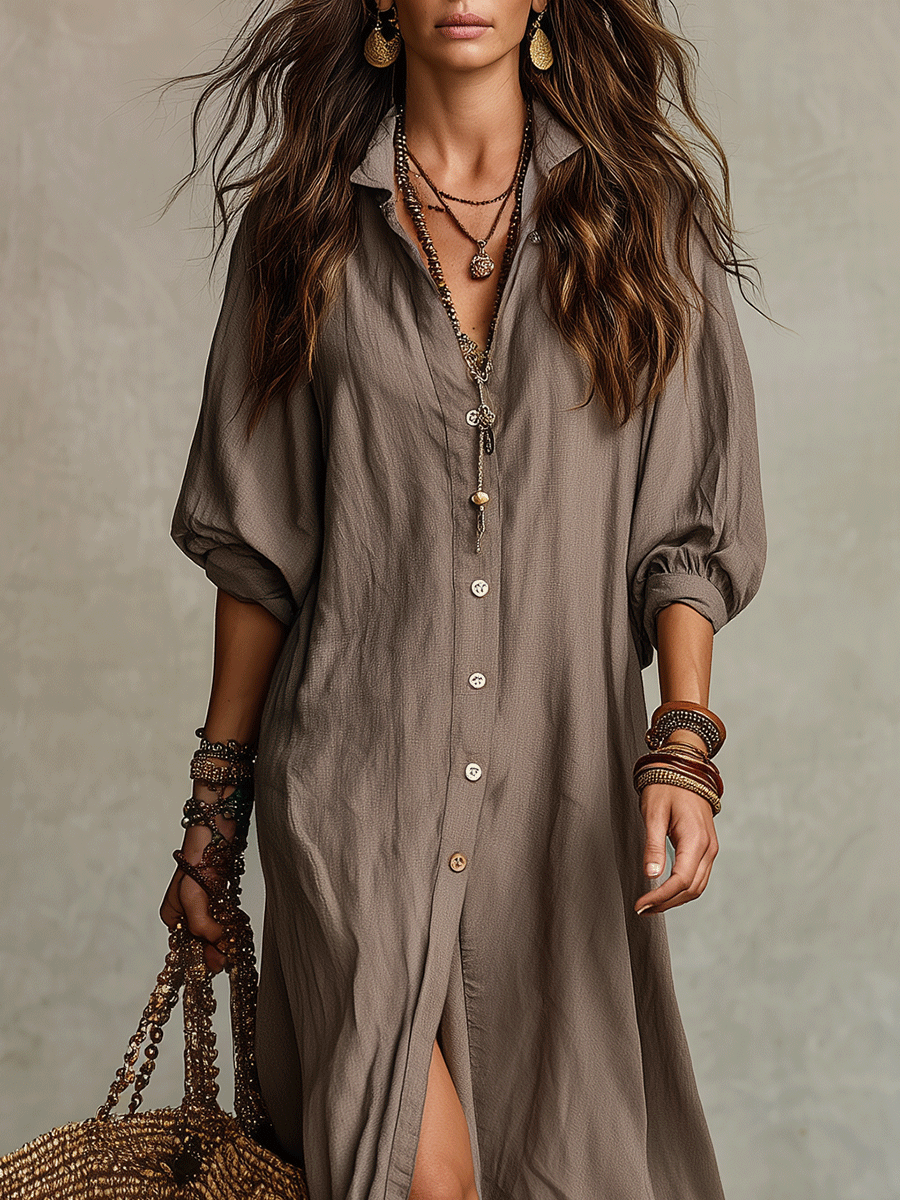 Effortless Boho Mocha Brown Button-Front Shirt Maxi Dress