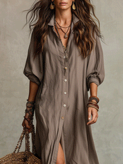 Effortless Boho Mocha Brown Button-Front Shirt Maxi Dress