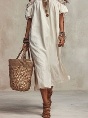 Effortless Boho Ivory With Embroidery Off-Shoulder Midi Dress