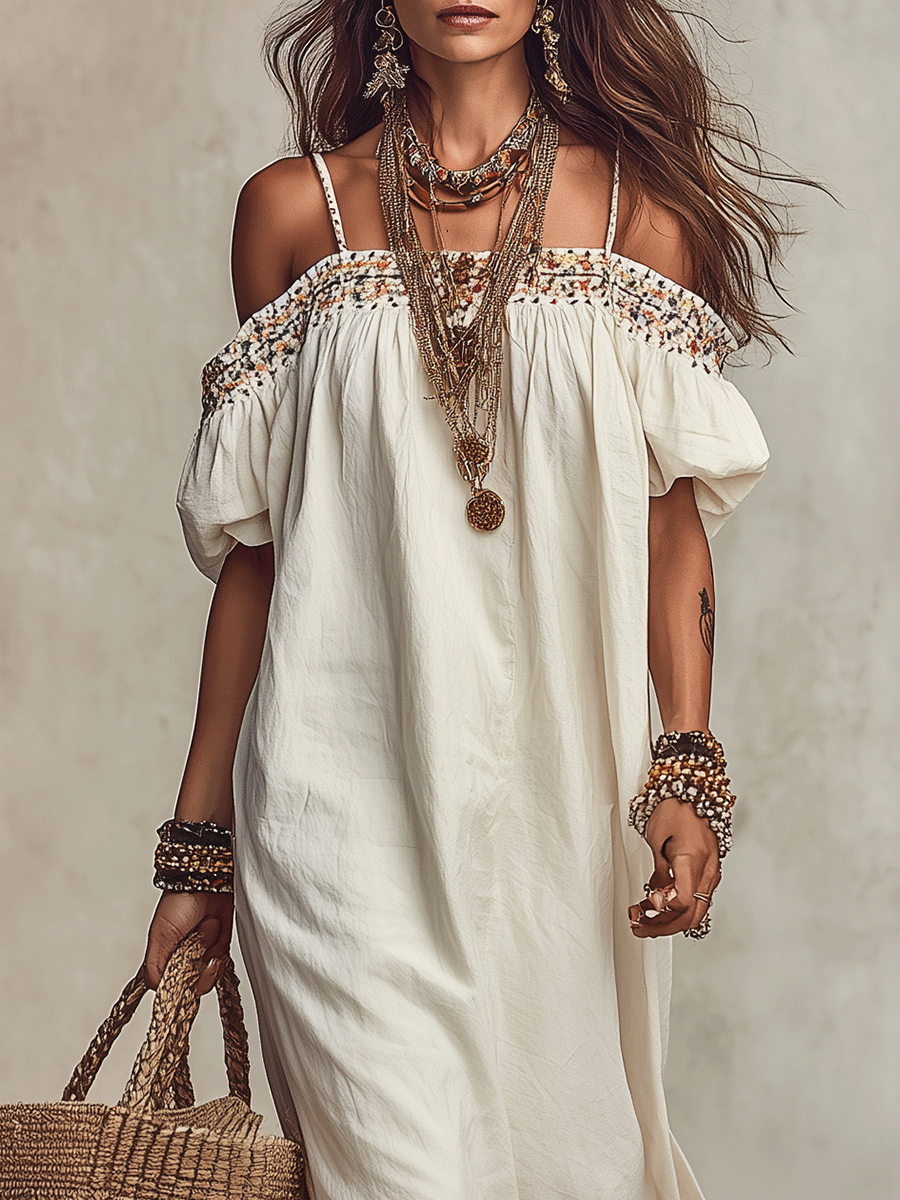 Effortless Boho Ivory With Embroidery Off-Shoulder Midi Dress