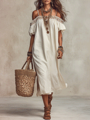 Effortless Boho Ivory With Embroidery Off-Shoulder Midi Dress
