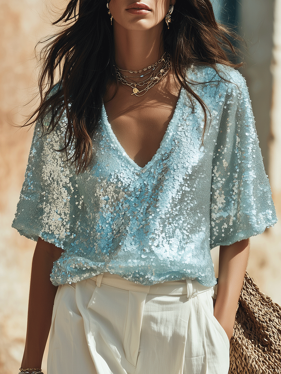 Effortless Boho Sky Blue Sequin V-Neck Top