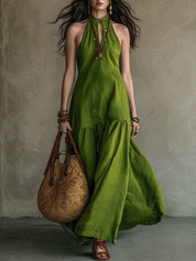 Effortless Boho Vibrant Olive Green Halter Maxi Dress