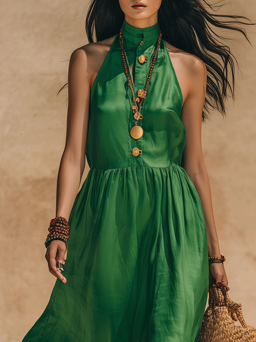 Effortless Boho Emerald Green Halter Maxi Dress