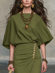 Bohemian Olive Green Draped Top And Button Detail Midi Dress