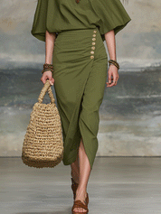 Bohemian Olive Green Draped Top And Button Detail Midi Dress