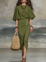 Bohemian Olive Green Draped Top And Button Detail Midi Dress