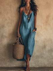 Effortless Boho Blue Satin Cowl Neck Midi Dress