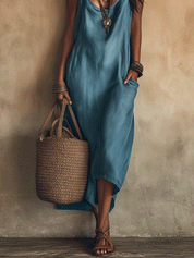 Effortless Boho Blue Satin Cowl Neck Midi Dress
