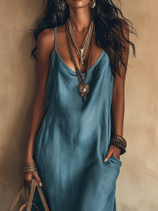 Effortless Boho Blue Satin Cowl Neck Midi Dress