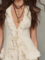 Effortless Boho Ivory Ruffle Tie-Front Top